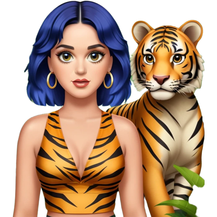 Katy Perry in a jungle setting wearing tiger print outfit inspired by her 'Roar' music video emoji