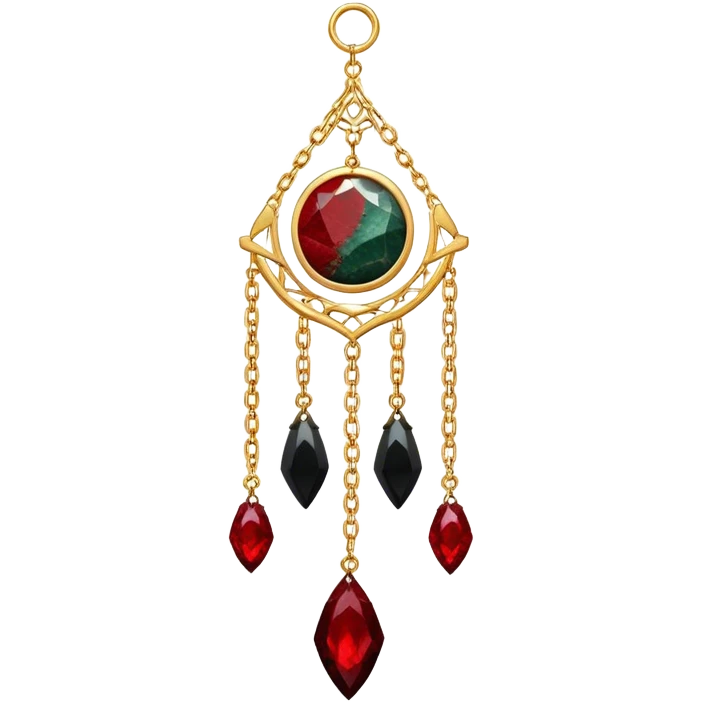 Epic Hanging suncatcher, gold chains with shiny sparkly bloodstone and ruby and obsidian gemstones,  emoji