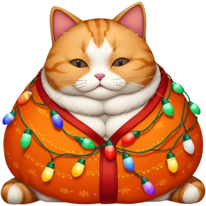 fat, sleeping cat wearing a christmas sweater wrapped in christmas lights emoji