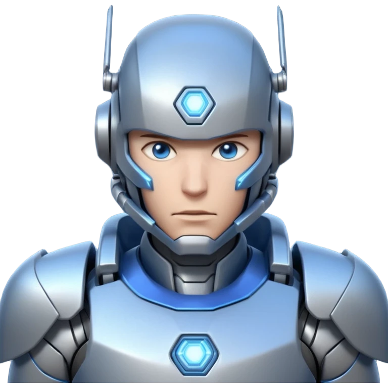 mechanical armored man portrait, head and shoulders only, futuristic metal armor, glowing energy lines, robotic shoulder plates, intense expression, sci-fi warrior vibe, 3D cartoon style, mobile game icon style, clean background, no text, no watermark
  emoji