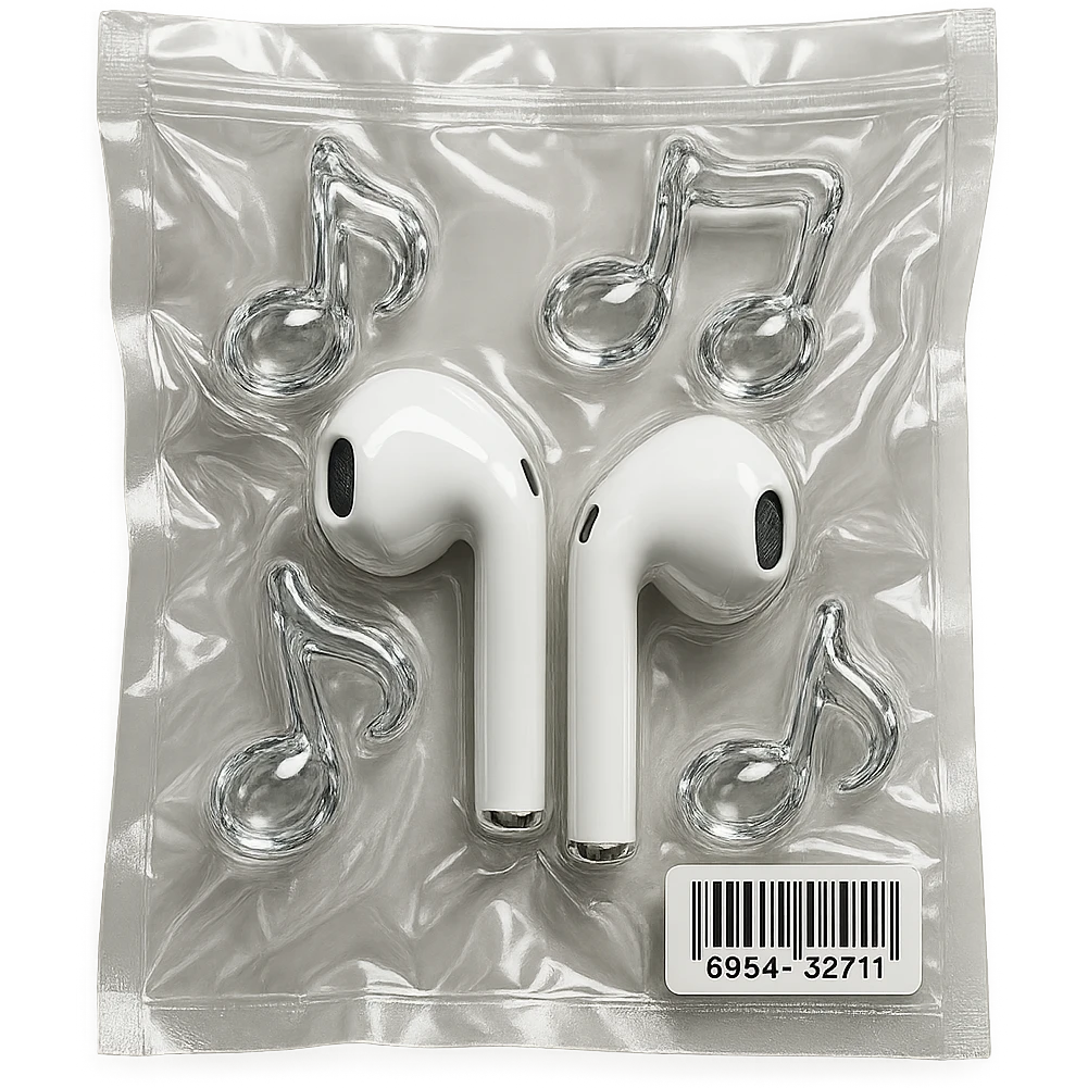 pair of white EarPods with three floating glass music notes in transparent crystal style, shiny and puffy emoji