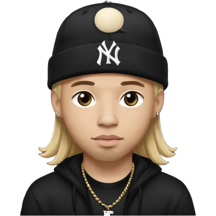 rapper da trắng, tóc vàng, full đen, có mũ len hãng MLB, đẹp trai
 emoji