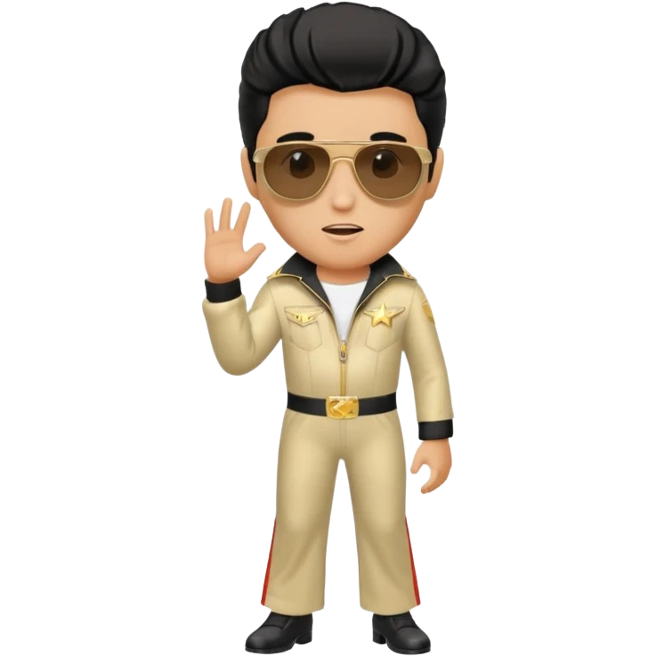 A boy with an Elvis Presley mask with sunglasses dressed as Elvis Presley emoji