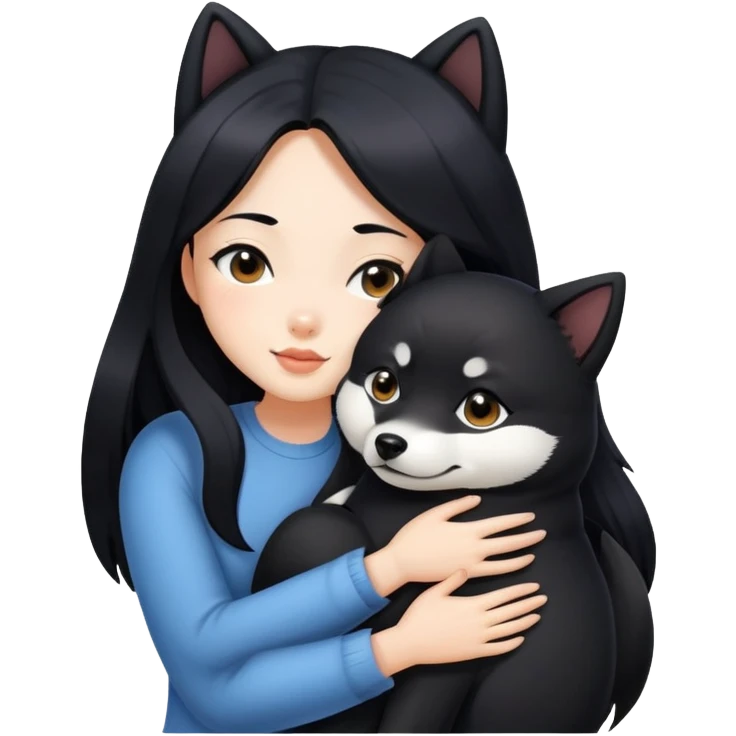 A beautiful girl with long black hair hugs a black Shiba Inu emoji