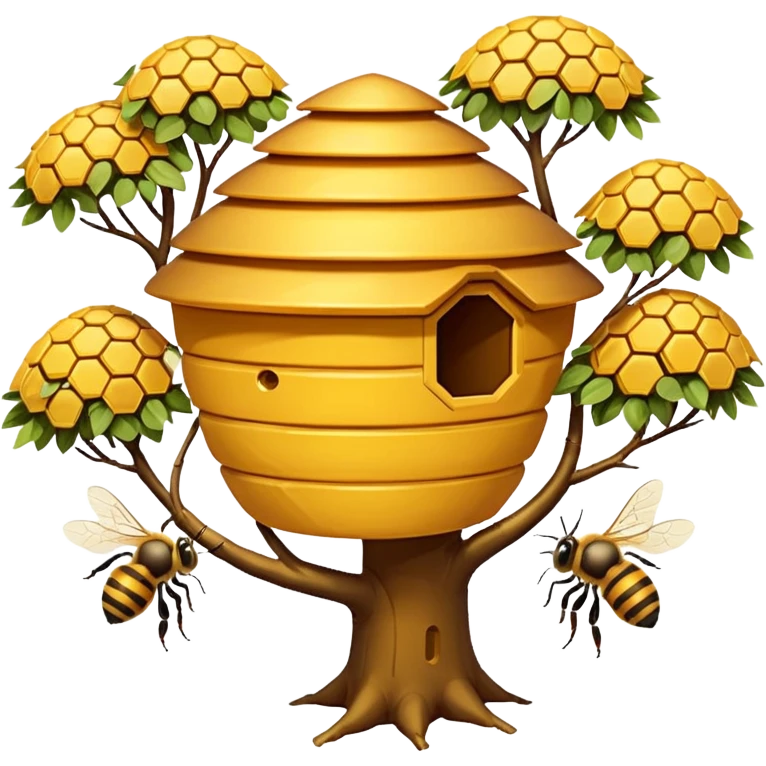 A small hive nestled between tree branches with worker bees. emoji