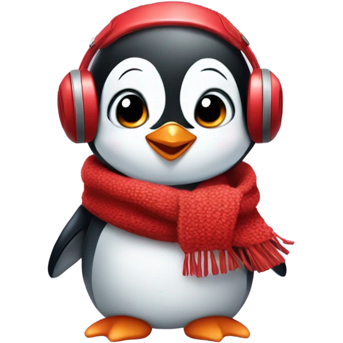 Baby penguin with a red scarf and red ear muffs emoji