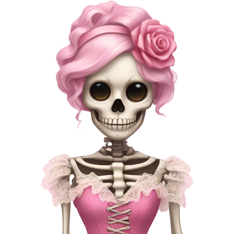 Skeleton wearing a pink laced corset dress with ruffles  emoji