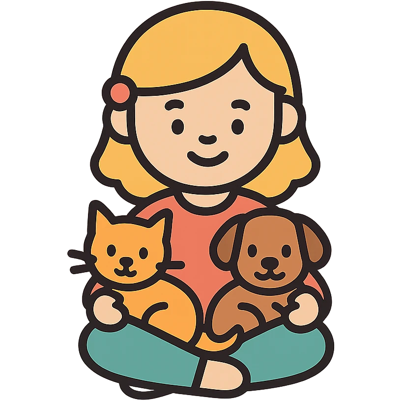 sweet little girl sitting with a cat and dog in her lap, icon style, minimalistic, gentle color palette, easy to recognize at small size emoji