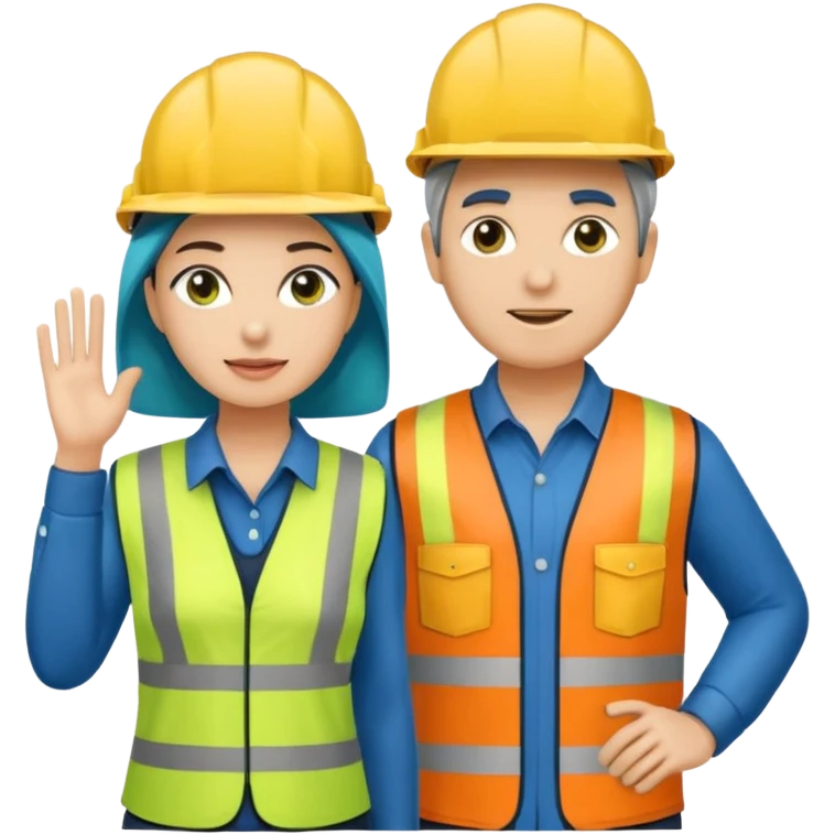 Um homem e uma mulher amarelos com capacete de obras azul escuro e camisa social cinza com faixas refletivas verdes nos braços. Um deles deve estar segurando um megafone emoji
