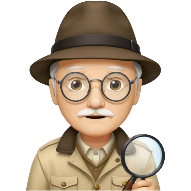 old man in beige explorer outfit, wear black glass, hat, holding magnifying glass emoji