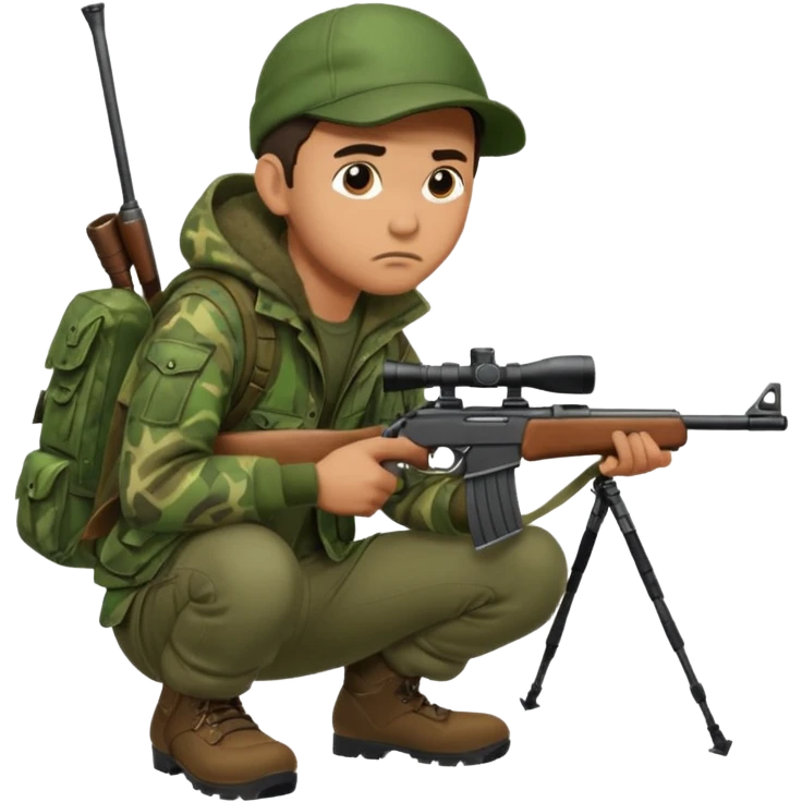 male hunter crouching with gun, alert expression emoji