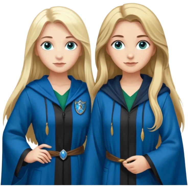 hot Slytherin girl with long blonde hair, blue eyes and big boobs standing with a pretty ravenclaw girl with long brown hair and blue eyes emoji