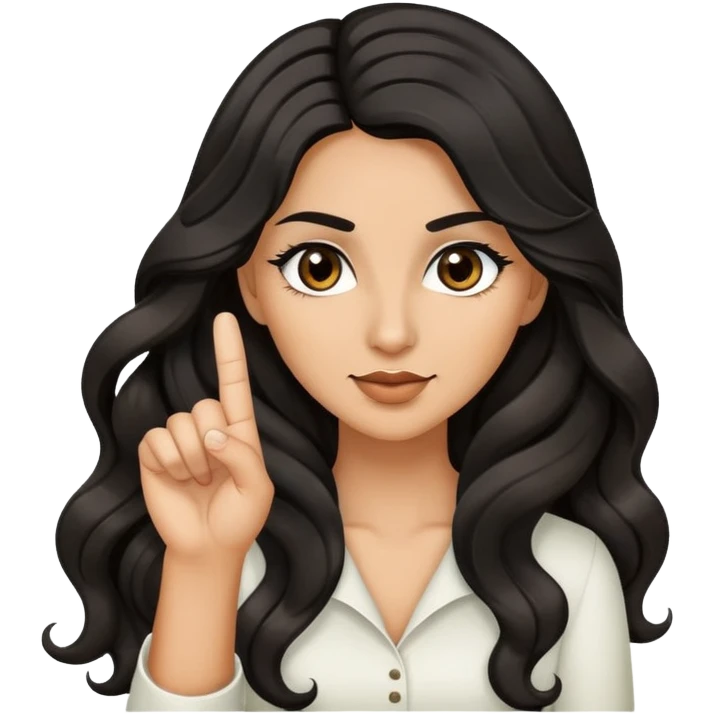 woman with olive skin, brown eyes and long lashes, and long black wavy hair giving the finger  emoji