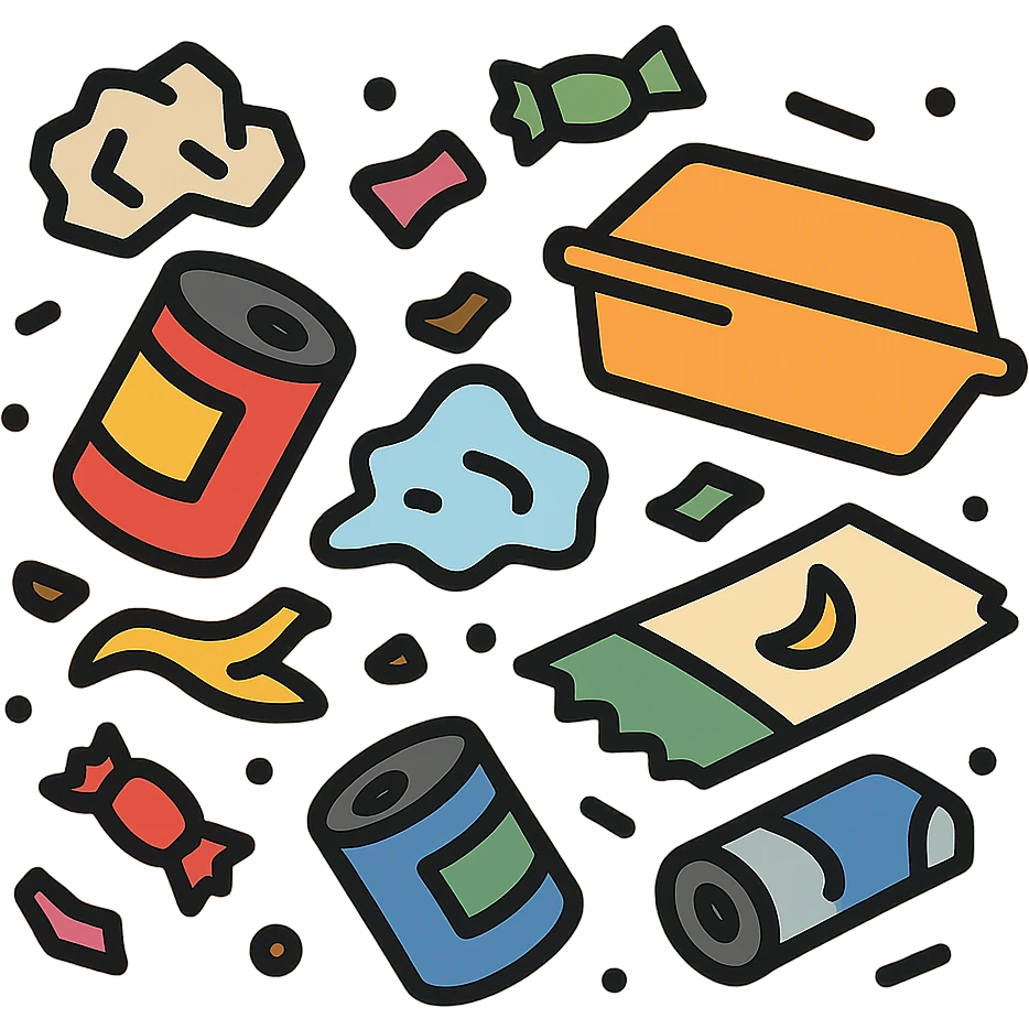 Make the trash on the floor look much messier, with more scattered items, in a clean vector icon style, no background. emoji