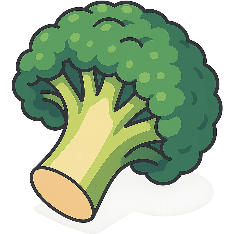 Show the broccoli floret cut in half, rotated to face more toward the viewer, making the cut surface clearly visible, in 2D isometric illustration style, with no background. emoji