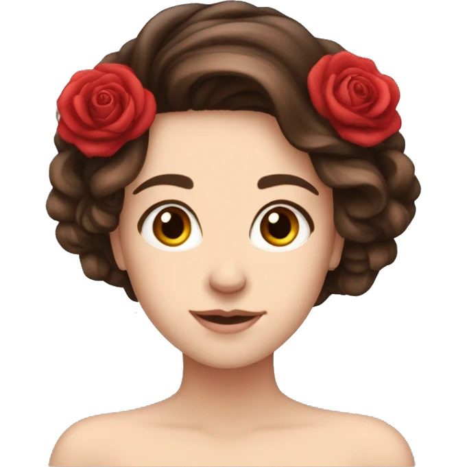 Beautiful, rose, red, flowers in hair, long dark brown hair, white fair skin emoji