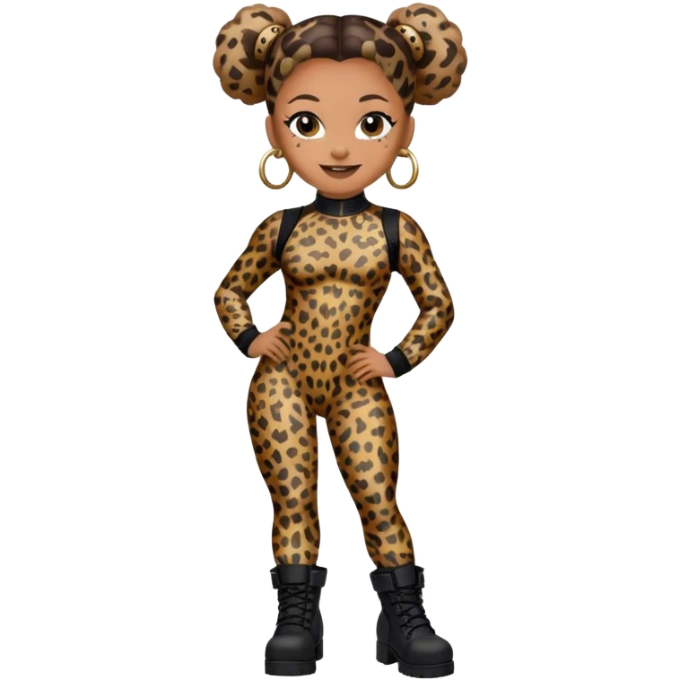 Melanie Brown smiling with her hair in space buns and wearing a tight leopard print bodysuit and black combat boots emoji