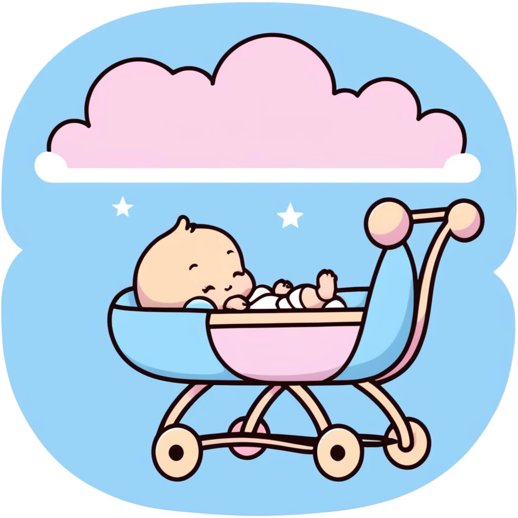sleeping baby in pink and beige stroller with fluffy pastel blue clouds and shining stars decorating the entire scene emoji