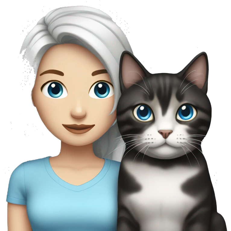 White woman with black hair and blue eyes with tabby cat emoji