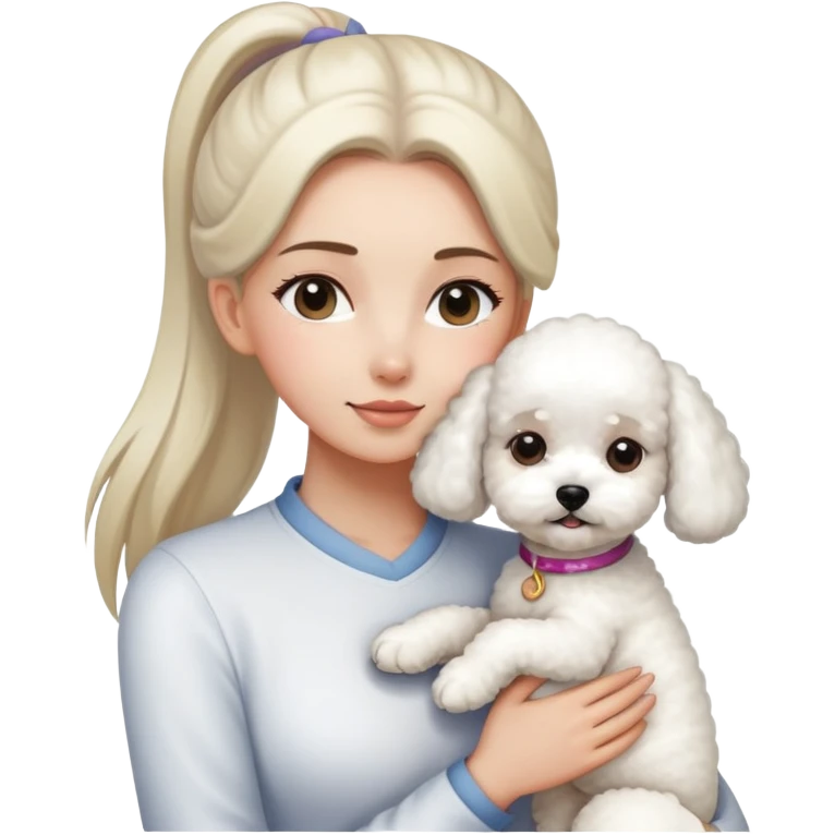 One long face girl with straight hair in a ponytail，hugging one Bichon frise emoji