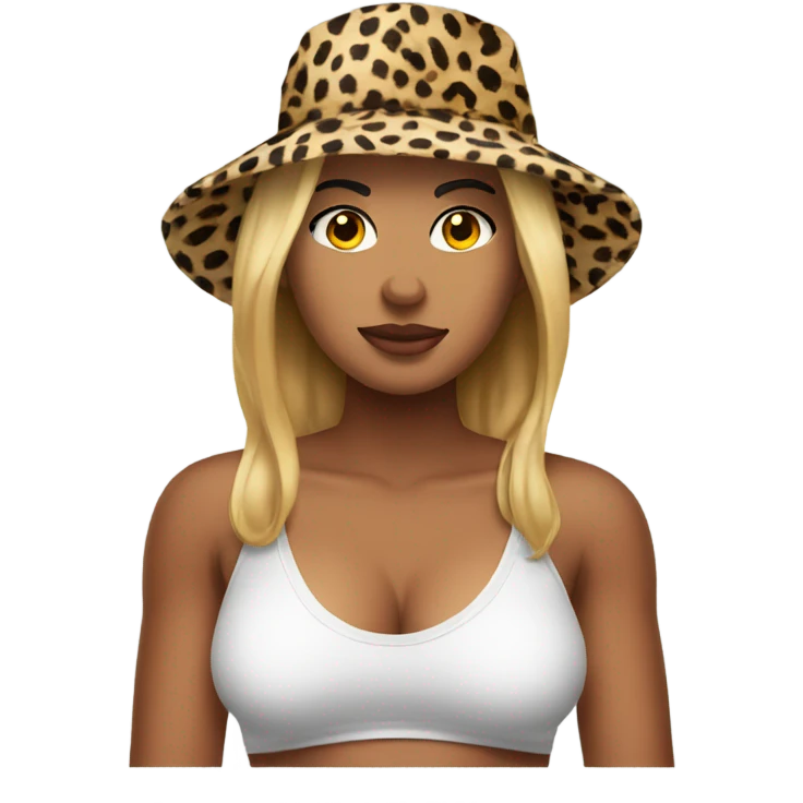 Person wearing cheetah bucket hat with big boobs emoji