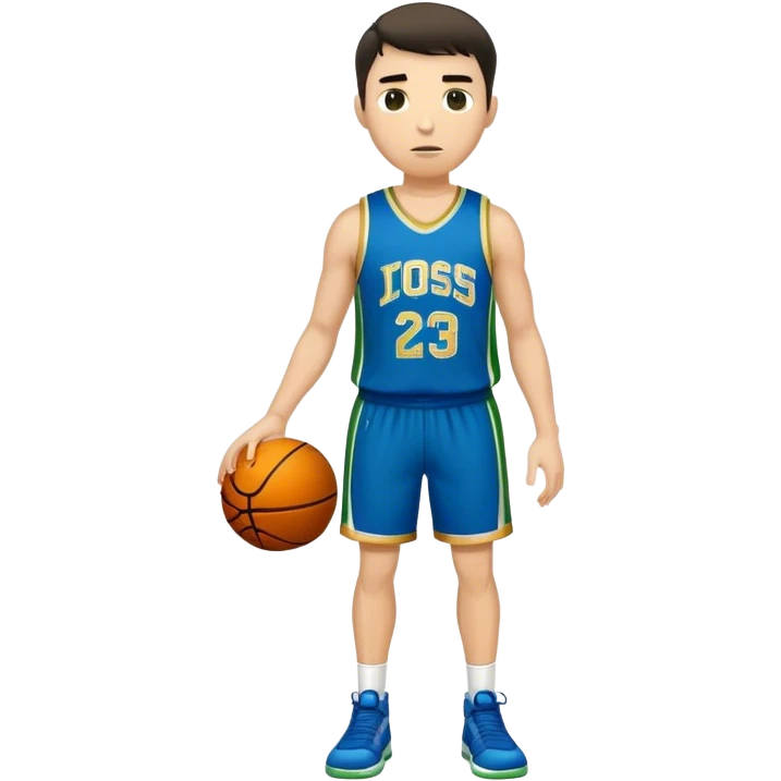 Full Body  white male basketball player with short dark hair and gold tee wearing blue and green uniform emoji