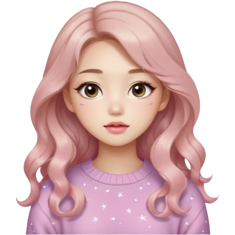 “korean Emoji girl, soft eyeliner, gradient rose lips, light brown shimmer eyeshadow, sparkly aegyo-sal, long wavy hair, cozy pastel sweater.” emoji