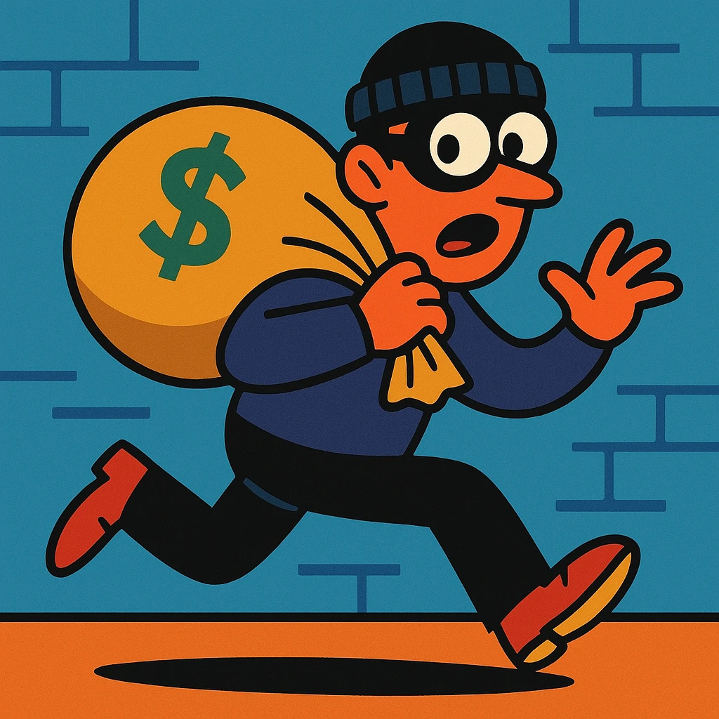 a thief running with a sack of cash, looking back nervously emoji