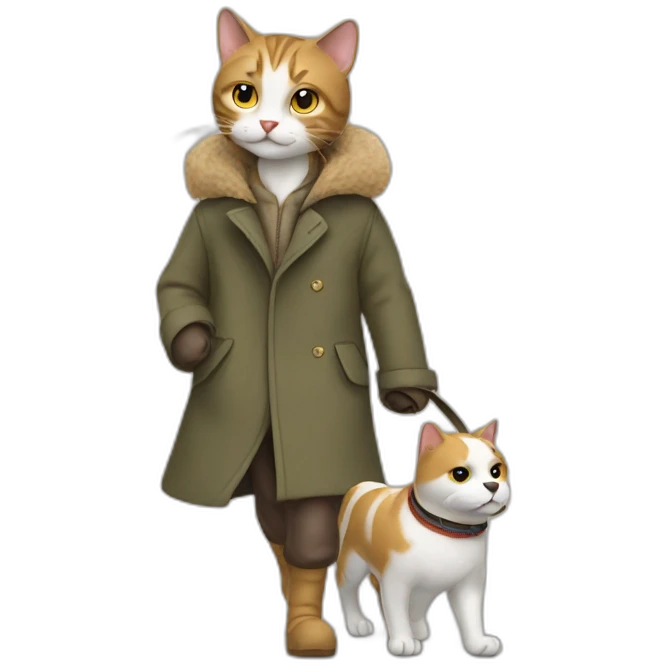 cat in a coat walking with a dog emoji