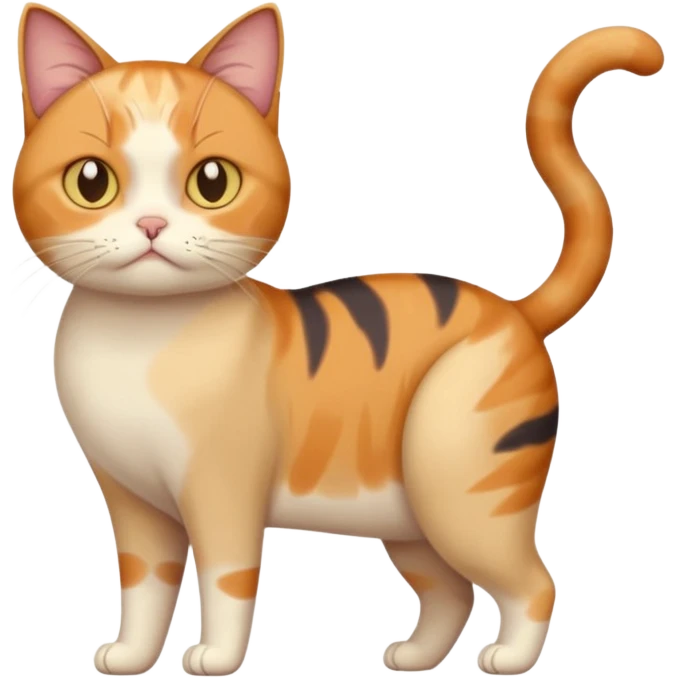 full body calico cat with skinny head and fat body with an anxious face emoji