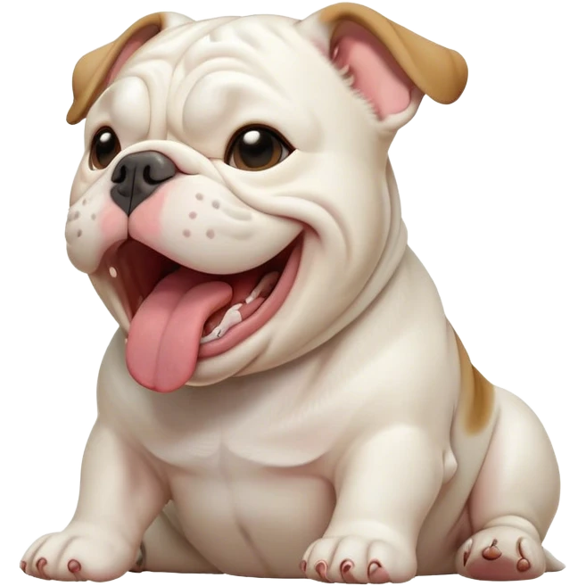 Cinematic Cute Yawning White English Bulldog Portrait Emoji, Head tilted slightly with a dramatic, wide-open yawn, showcasing a smooth, pristine white coat, floppy ears slightly drooping, round brown eyes barely open in drowsy contentment, Simplified yet irresistibly adorable features, highly detailed, glowing with a soft, cozy glow, high shine, relaxed yet expressive, stylized with a touch of whimsy, bright and endearing, soft glowing outline, capturing the essence of a sleepy yet affectionate guardian, so drowsy it feels like it could stretch out of the screen and curl up for a nap! emoji