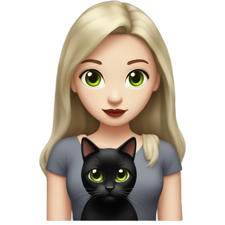 A teenage girl with white skin, she have some green hazel eyes, red lipstick, mid long straight dark brown hair, she have an eyeliner and she is holding a black cat in her arms, view from close emoji