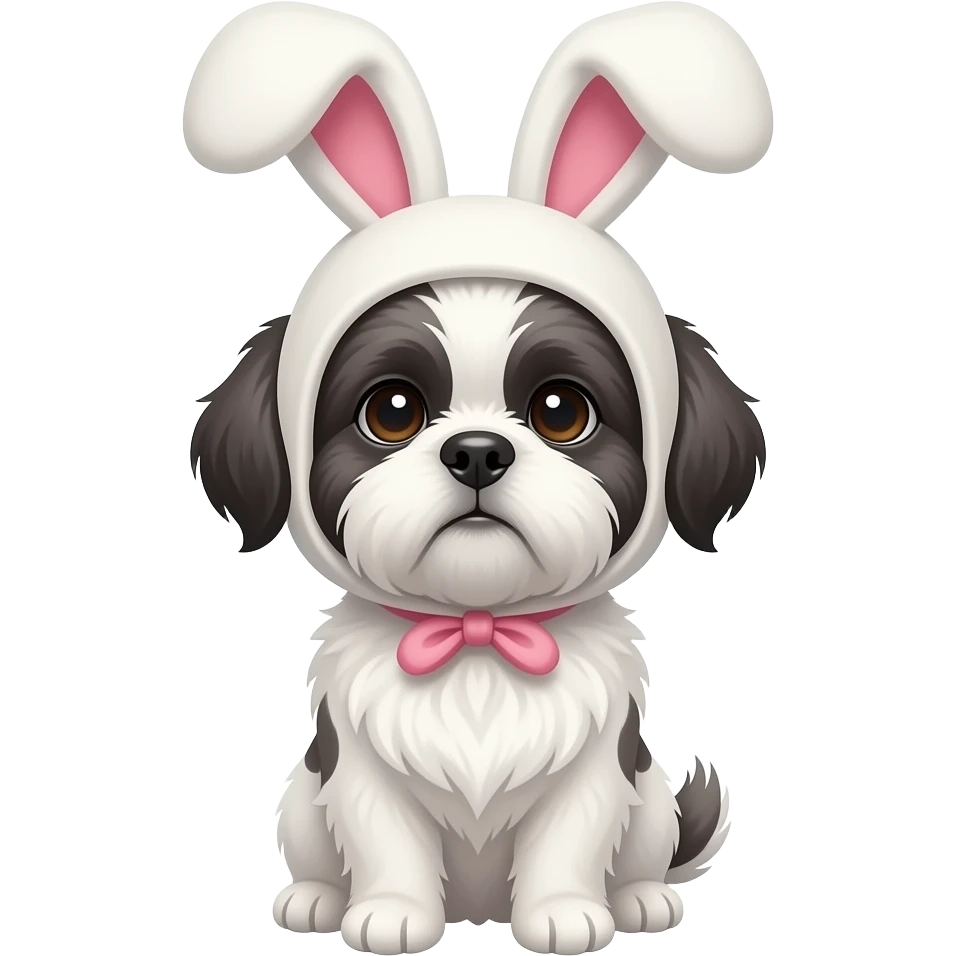 White Shih Tzu, dark ears, with a bunny hat emoji