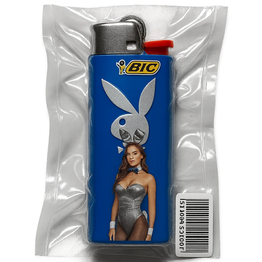 blue BIC lighter, shiny and inflated, with a silver Playboy Bunny logo and a model in a silver bunny suit emoji