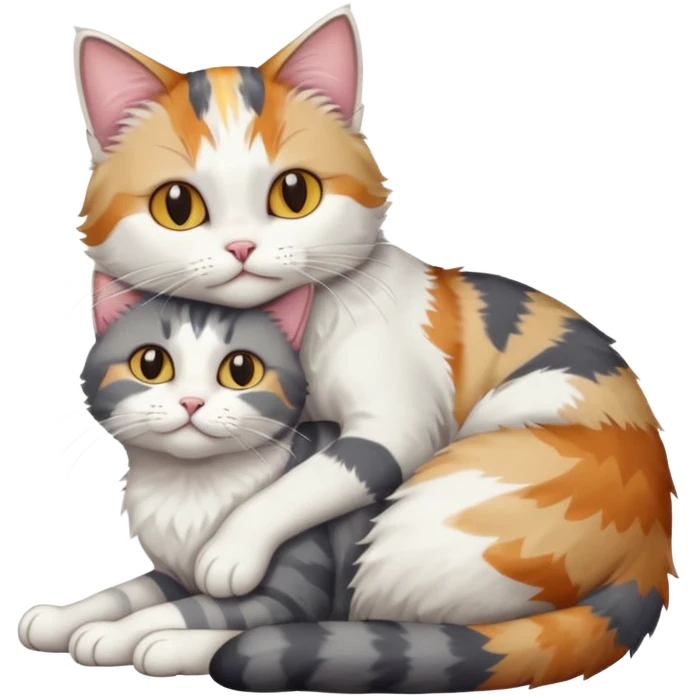 full body colourful light patched calico + white tabby cat cuddling a grey and white cat  emoji