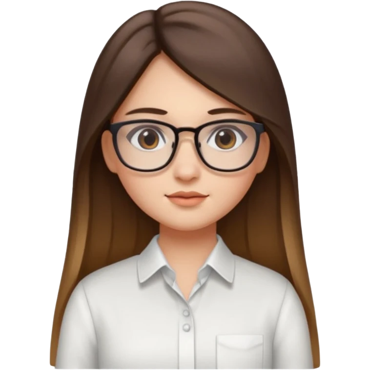 Chica de piel blanca con cabello liso largo con balayage, ojos cafe obcuro con lentes cuadrados, gordita, camisa e vestir blanca emoji