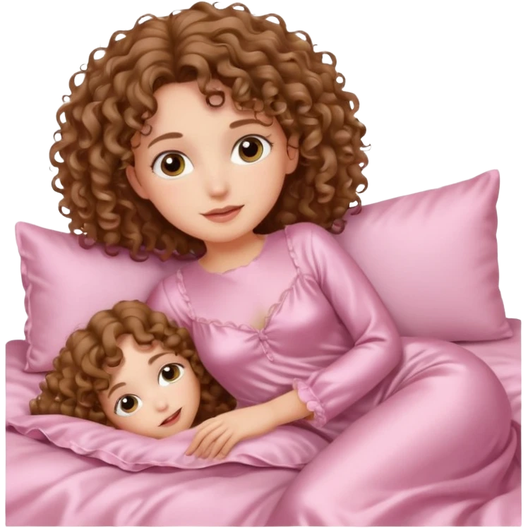 یه دختر مو فرفری با موهای موج دار که یه لباس خواب کرومی تنشه و خوبیده تو تختش emoji