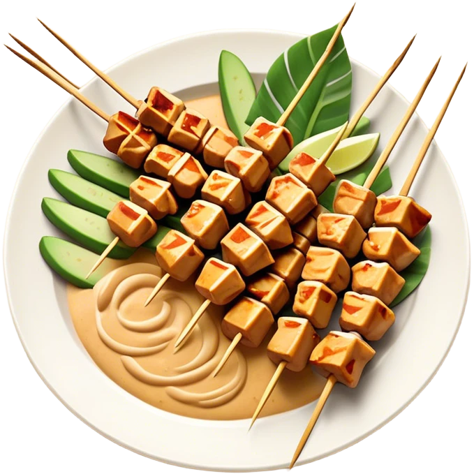 Cinematic Realistic Indonesian Chicken Satay Dish Emoji, depicted as succulent, marinated chicken skewers grilled to perfection with a subtle char, drizzled generously with a rich, creamy peanut sauce that glistens under warm, natural lighting. The vibrant textures of the tender meat and smooth, spicy sauce evoke the authentic flavors of Indonesian street food, rendered with lifelike detail and dynamic, appetizing lighting. emoji