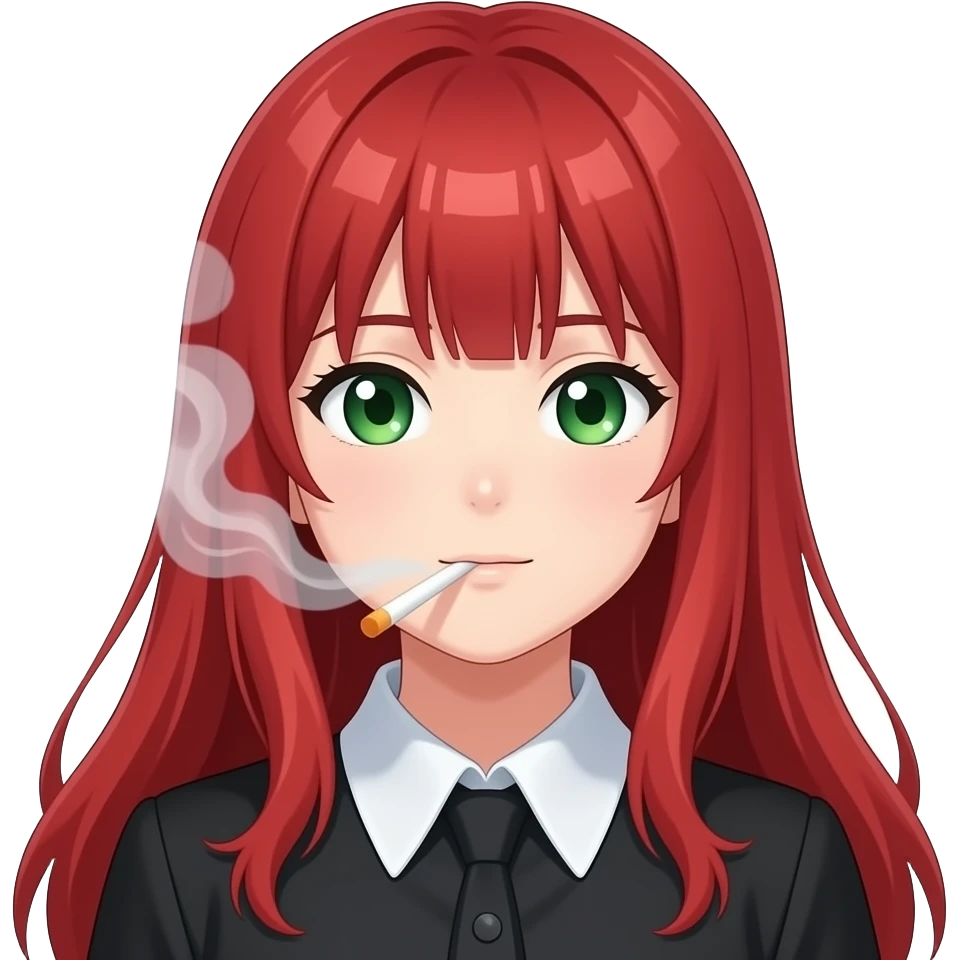 anime girl exhaling smoke red hair green eyes black blouse with white collar emoji