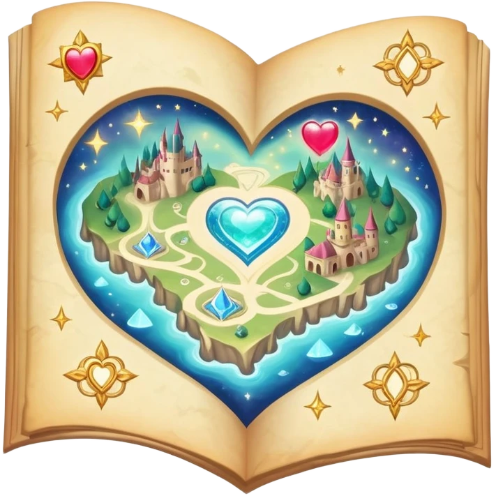 Enchanted floating folded map surrounded by magical sparkles and heart-shaped auras, mystical love journey map emoji