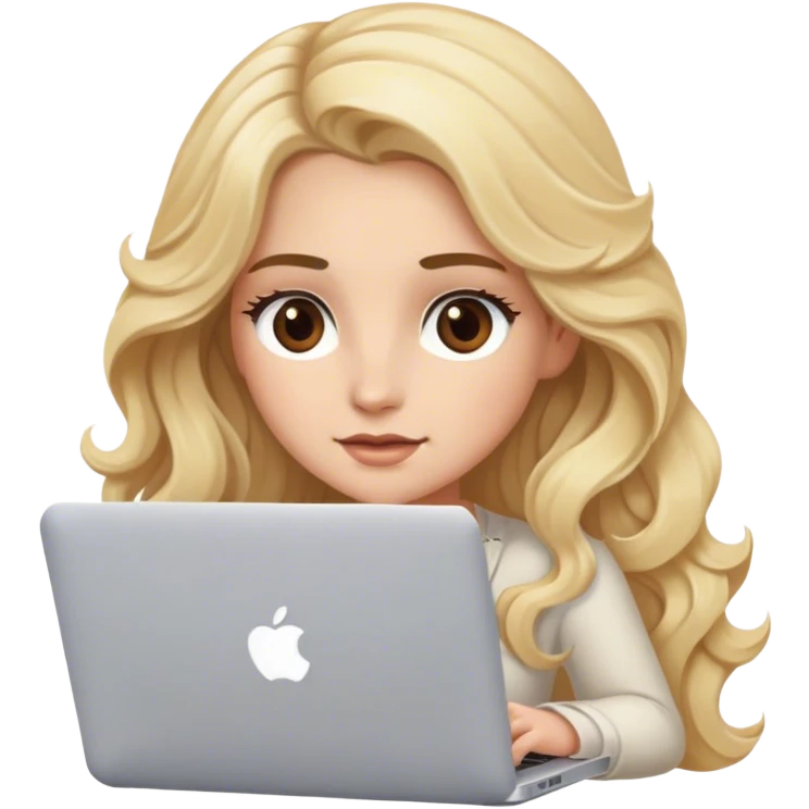 Blonde model with brown eyes, long wavy hair, typing on MacBook  emoji