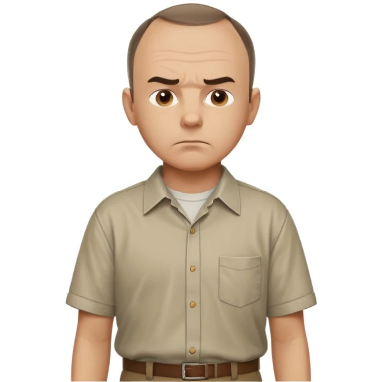 Carl from Sling Blade, serious expression, recognizable features, chin sticking out, slouching posture, no glasses, shirt with collar,  side view,show his entire body, he is standing. we see him from the side. Not frontal view. Side view. He sticks his head forward emoji
