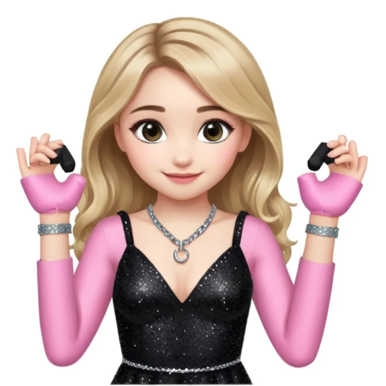 Sabrina carpenter at concert wearing a black sparkly dress with a silver sparkle v neck she is holding up pink handcuffs towards audience and kneeling, blue and red lights setting  emoji