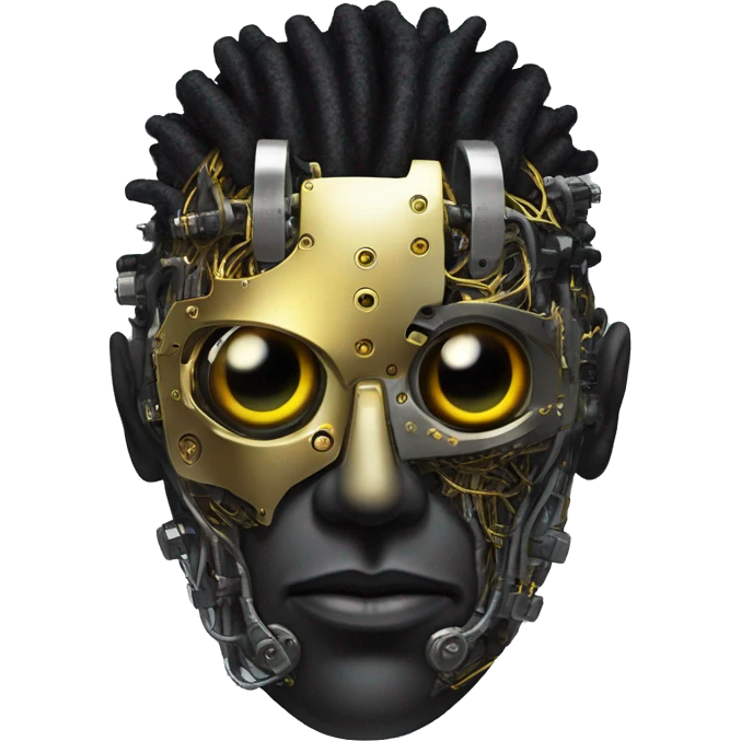 black metal male cyborg head with  one artificial eyeball, circuitry, goatee and dreaded yellow gold hair emoji