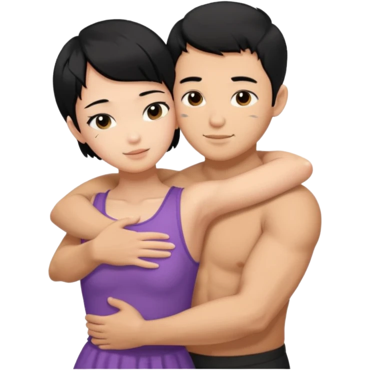 buff tan asian Man black hair hugging girl with black pixie cut  emoji