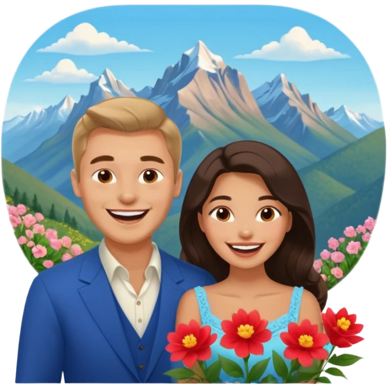 Couple  laughing traveling russian man and elegant  Latina girl delicate flowers and mountains in the background  emoji