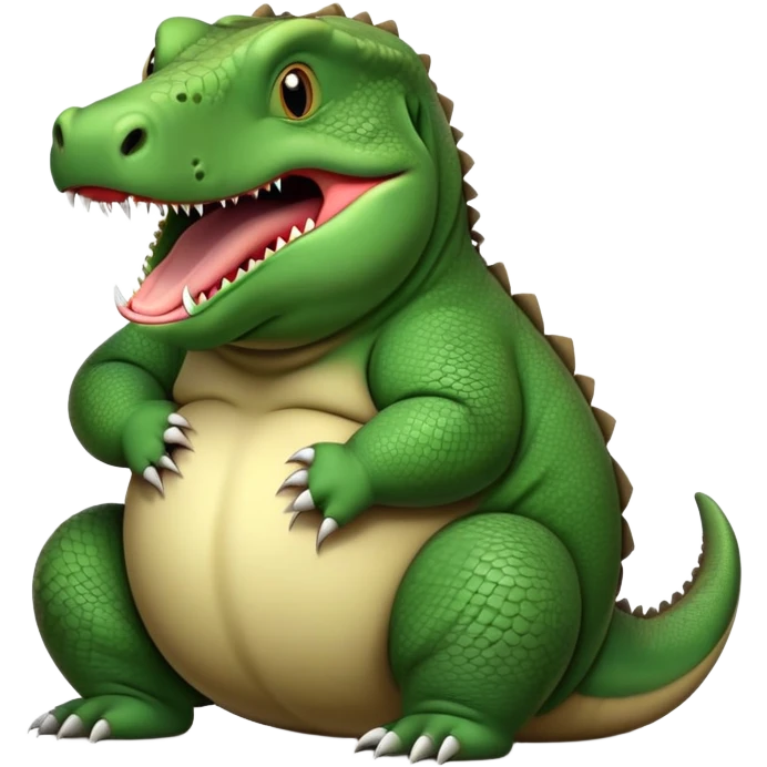 A very chubby, overfed komodo dragon with a round belly, making a hiccup expression with its mouth open slightly emoji