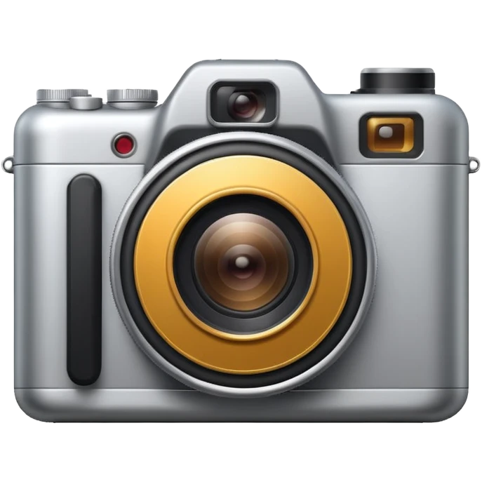 Minimal emoji icon of a modern metalic camera, front view, simple shapes, realistic lens,  emoji