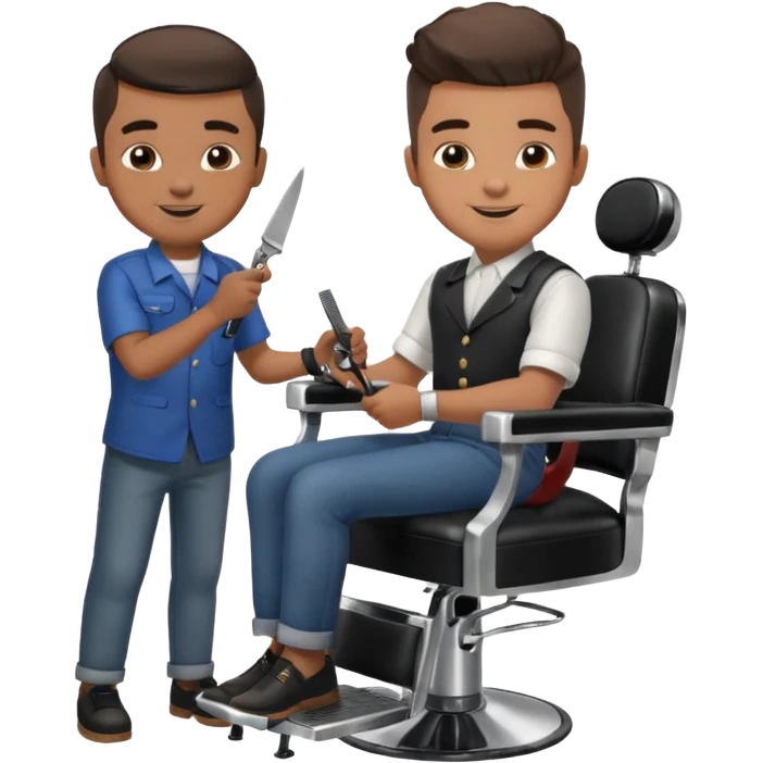 Barber cutting boys hair. Show the boy sat in black barber chair and both having smiles on their faces emoji