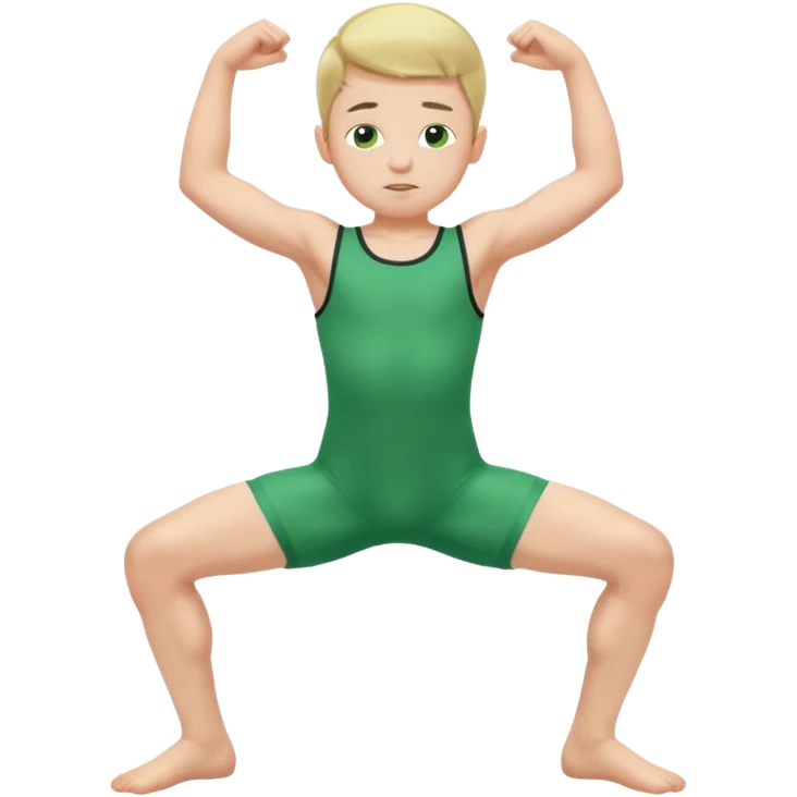 Little boy in a green sleeveless u-neck legless leotard flexing his arms and bending his knees emoji